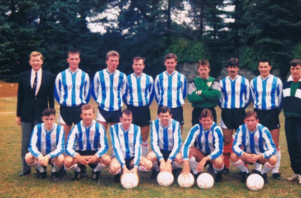 A Killarney Athletic team from the later 1980s in blue and white striped shirts