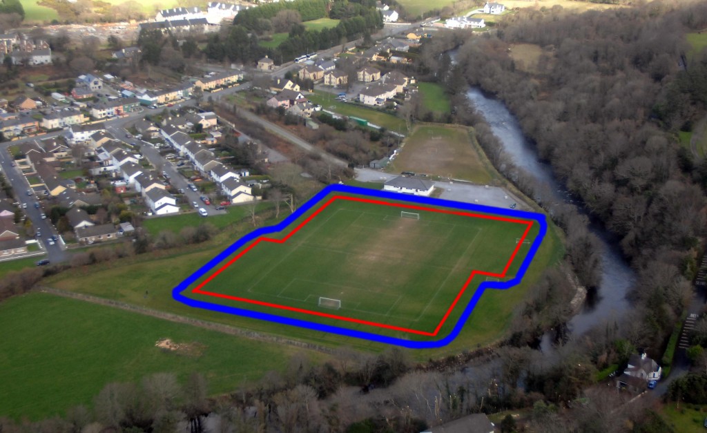 An aerial view of Killarney Athletic Park beside the River Flesk.